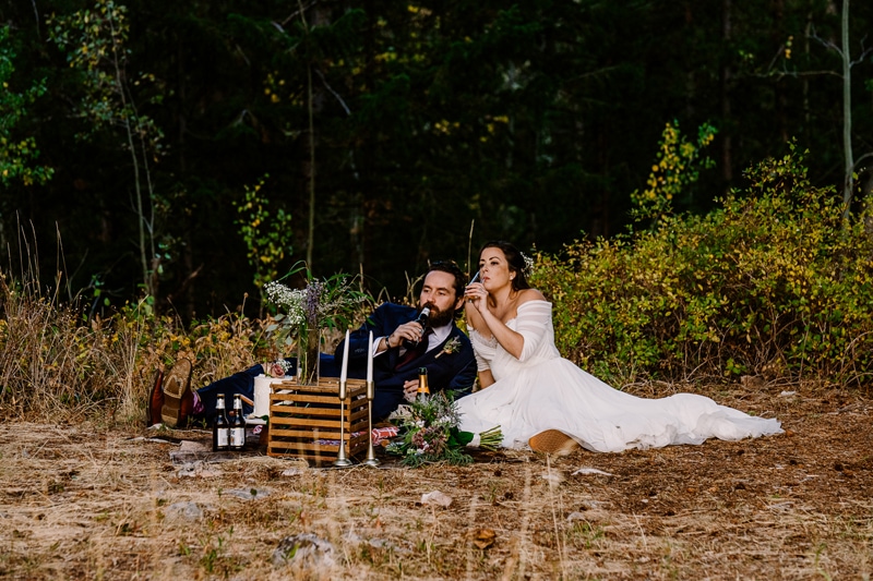 Wedding Photography, a bride and groom recline near the forest with drinks in hand