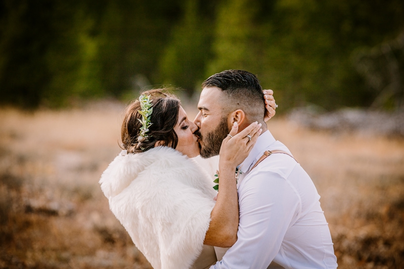 Wedding Photography, a bride and groom kiss in a meadow near the forest